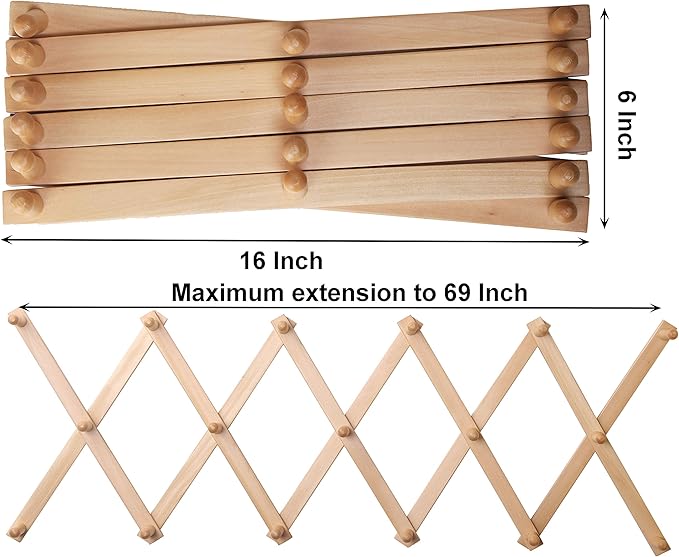 SKOLOO Hat Rack for Wall with 17 Hooks, Solid Wooden, Modern, Expandable Coat Rack Wall Mount for Coats, Hats, Bags, Baseball Caps, Natural Color