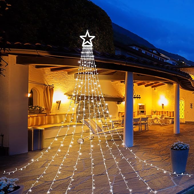 FUNIAO (Upgraded) Christmas Decoration Outdoor Star String Lights, 320 LED Christmas Tree Topper Lights with 12" Lighted Star for Halloween Christmas New Year Holiday Garden Yard (White)