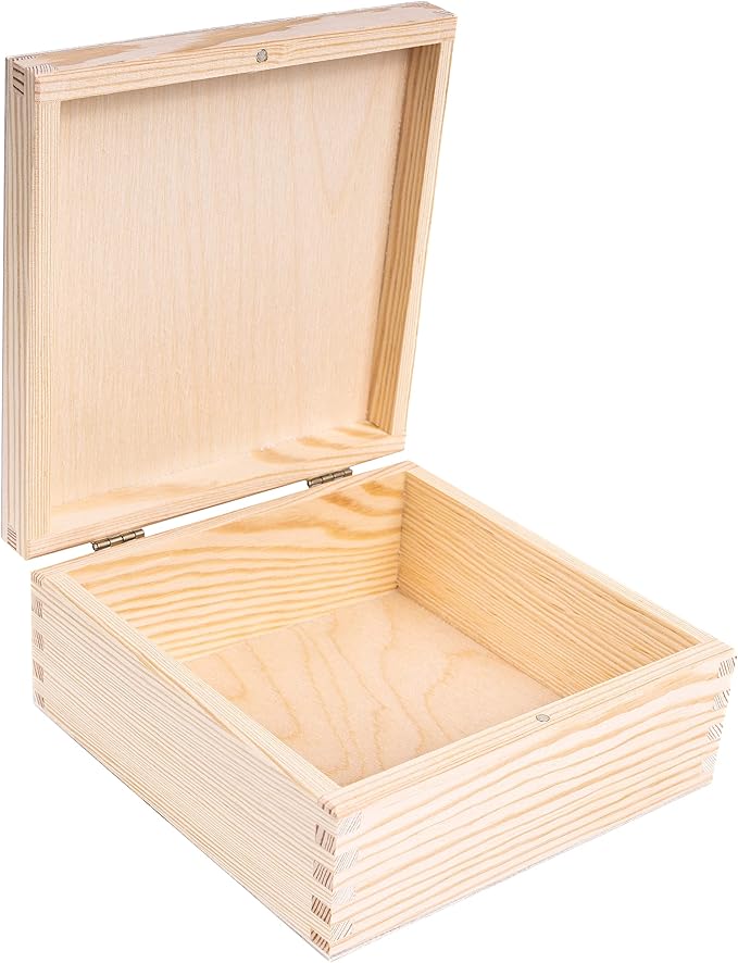 Wooden Storage Box Unpainted Plain | 6.37 x 6.37 x 2.83 in | Square Box with Lid | Perfect for Storing Valuables & Small Items in The Office or Bedroom | Jewelry Box