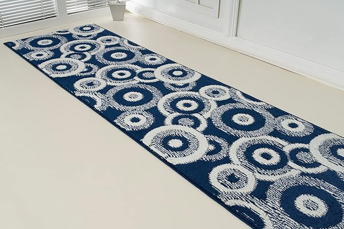 Custom Length Cut to Size Retro Modern Coastal Carpet Runner Rug for Hallways, Non Slip Rubber Backed, 31 inch Wide X Customized Length, Geo Blue, 31 inch X 29 feet