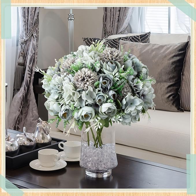 Tigeen 12 Bundles Peonies Artificial Flowers Faux Roses Silk Flowers Hydrangea Artificial Bouquet for Wedding Table Centerpiece Floral Vase Home Office Bridal Decor (Pastel Blue)