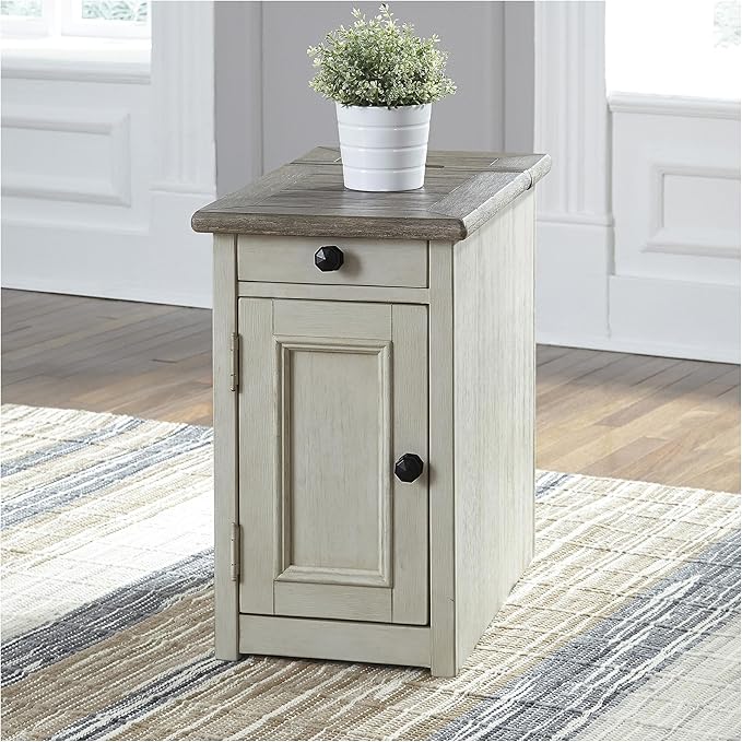 Signature Design by Ashley Bolanburg Farmhouse Chair Side End Table with Outlets and USB Ports, Antique Cream & Brown