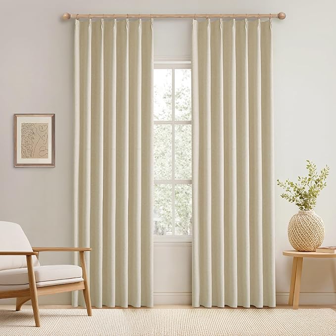 KangBang Extra Wide Pinch Pleated Blackout Curtains 84 Inch Length 2 Panels Set, Thermal Insulated Linen Curtains for Sliding Door Living Room, Rustic Pleat Draperies with Hooks,60x84, Natural Beige