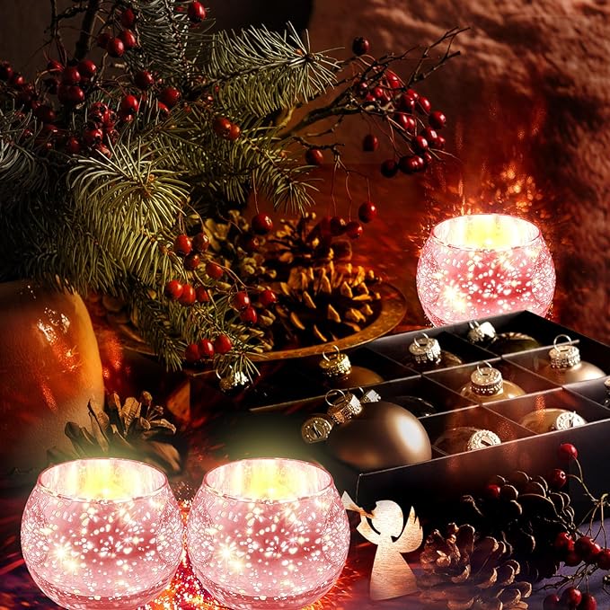 Rtteri 12 Set Votive Candle Holders Wedding Centerpiece Table Decorations Speckled Mercury Glass Votive Candle Holders with Tea Lights Birthday Party Decorations for Home (Pink)