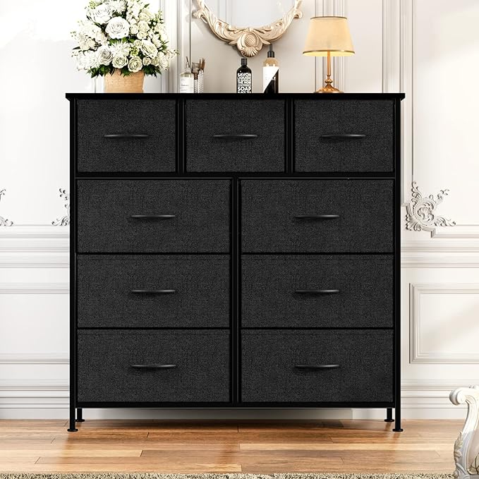 OLIXIS Dresser for Bedroom, 9 Storage Drawers, Wide Fabric Closet Chests Organizer Tower Furniture, TV Stand with Wooden Top Metal Frame for Clothes, Living Room, Hallway, Entryway, Black