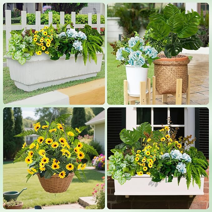 WINTS 17 Bundles Outdoor Artificial Plants UV Resistant Fake Greenery Stems Faux Shrubs Plastic Plant for Outdoor Planter Porch Patio Garden Window Box Home Decor