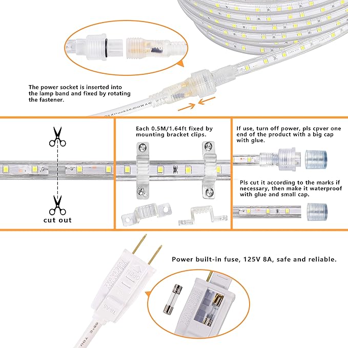 SURNIE 50ft LED Rope Lights Outdoor Waterproof, 110V Flexible Daylight White Bright Lighting Cuttable Connectable, Cool Clear Flat Strip Light 6000K for Outside Deck Patio Camping Decor, Not Tube Rope