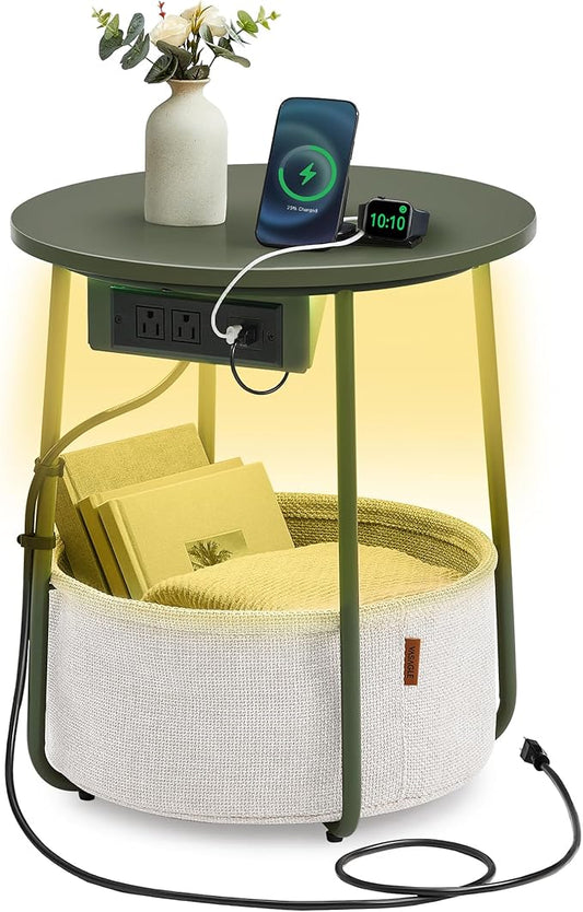 VASAGLE LILEA Collection - Side Table with Charging Station, Round End Table with Fabric Basket, LED Nightstand with USB Ports, Modern, for Living Room, Forest Green and Cream White ULET227C01