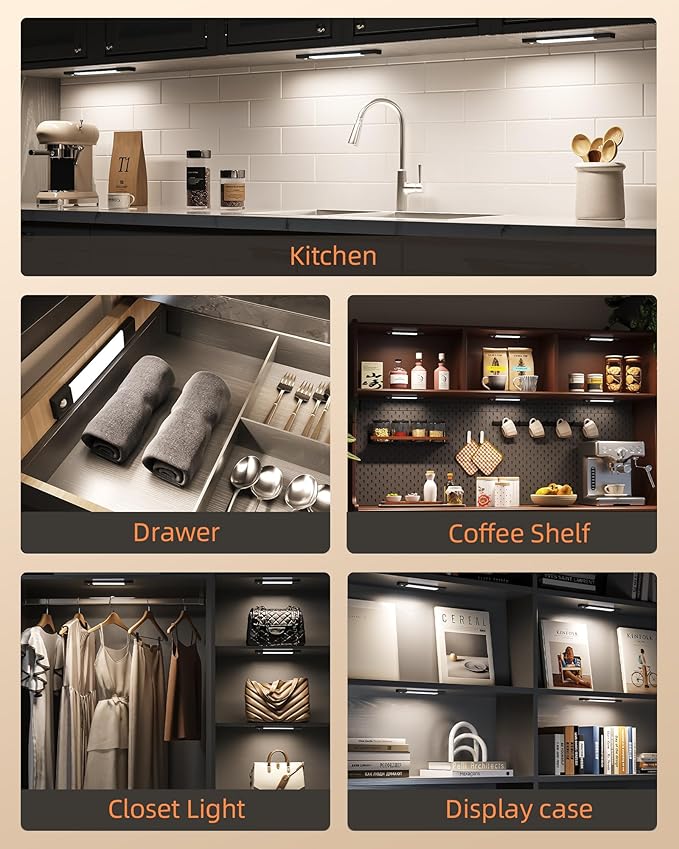 EZVALO Under Cabinet Lighting, Wireless Closet Lights, 30 LED Rechargeable Motion Sensor Light, Dimmable, 3 Color Temperatures, Counter Lights for Kitchen, Pantry, Bedroom, Wardrobe(3 Pack, Black)