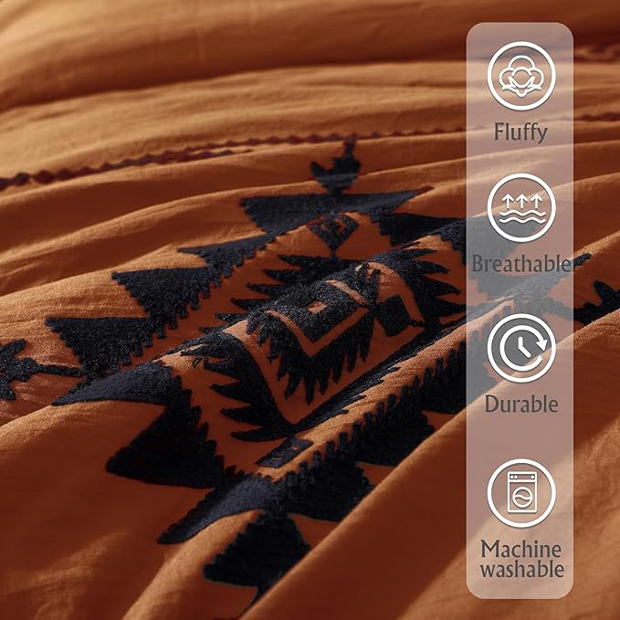 MaiRêve Burnt Orange Embroidery Comforter Sets Full Size - 7 Pieces, Farmhouse Western Boho Comforter Set, All Season Bed in A Bag Full Size with Sheets, Pillowcases & Shams
