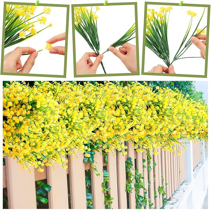 Hoteam 40 Bundles Fall Outdoor Artificial Flowers Plants Uv Resistant Outside Faux Flowers Plastic Fake Plants Outdoor Summer Four Seasons Decoration Shrubs Garden Porch, Yellow
