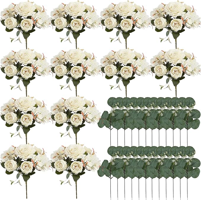 Peony Artificial Flowers, Faux Peonies Hydrangea Eucalyptus Bouquet 12 Packs Silk Vintage Realistic Peony Floral Arrangement for Wedding Centerpiece Table Vase Home Party Decor-Ivory White