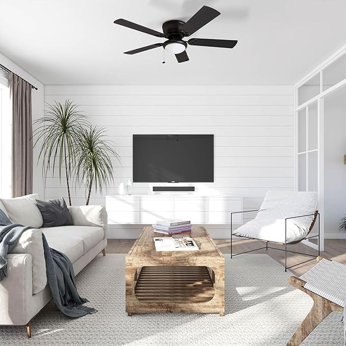 Prominence Home Benton Traditional 52 Inch Ceiling Fan with Light, LED Flush Mount Ceiling Fan, Indoor Fan with 5 Blades, Matte Black and Gray Cedar Blade Finish Options, Matte Black (50853-01)