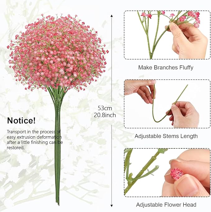 N&T NIETING Babys Breath Artificial Flowers Bulk, 15Pcs Fake Gypsophila Bouquet Flowers Real Touch Faux Babies Breath Arrangement for Wedding Floral Party Home Centerpieces Vase Decoration, Pink
