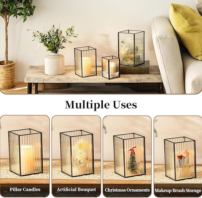 Glasseam Glass Hurricane Candle Holder: Square Black Candle Holders Set of 3 Metal Ribbed Pillar Candle Holder for Table Centerpiece Modern Small Lanterns Decorative Indoor Christmas Halloween Decor