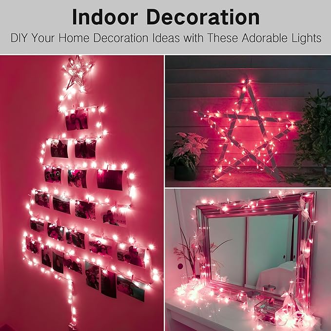 Brizled Pink Christmas Lights,300 Count 69.6ft Incandescent Lights, Connectable Indoor Xmas String Light White Wire, UL Certificated Mini Xmas Tree Light for Christmas Bedroom Wedding Birthday Decor