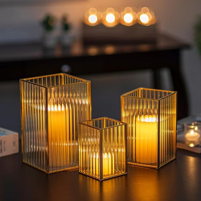 Glasseam Hurricane Glass Candle Holder: Ribbed Gold Pillar Candle Holders Set of 3 Square Metal Candle Holders for Table Centerpiece Modern Small Lanterns Decorative Indoor for Christmas Wedding Decor