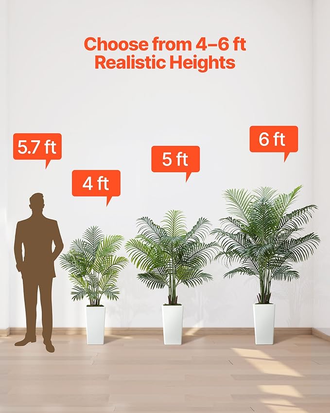 VEVOR Artificial Areca Palm Tree 5 ft, Fake Palm Tropical Plants with White Tall Planter, Faux Floor Silk Plant in Pot, Large Trees for Home Office Living Room Decor House Warming, Indoor Outdoor