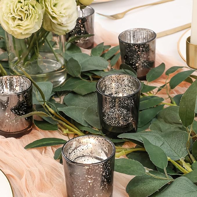 24 Pcs Black Votive Candle Holders, Speckled Mercury Black Glass Candle Holder Bulk for Wedding Centerpiece Table Decor, Tea Lights Candle Holder for Valentines Day Decor, Home Decor