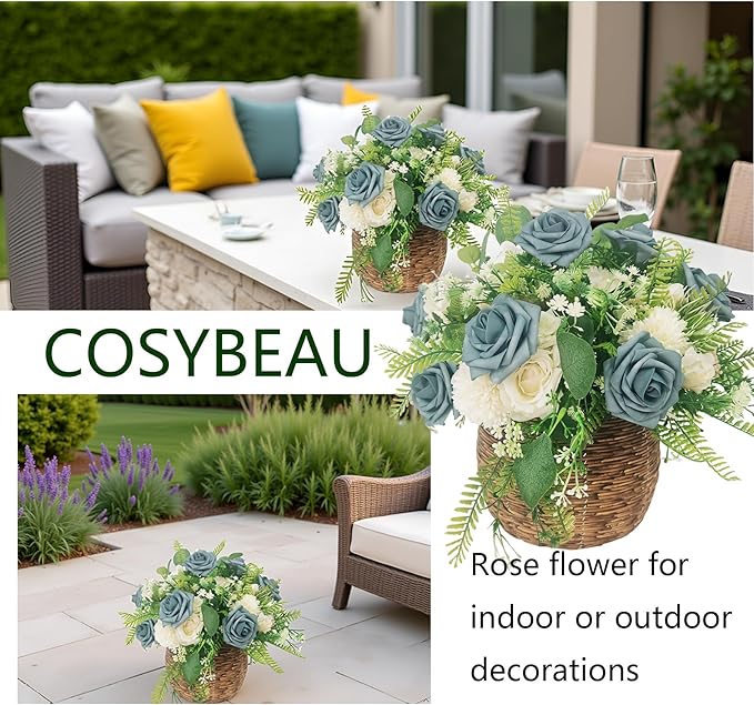 Artificial Rose Flowers 25pcs, Dusty Sea Blue Foam Fake Rose Faux Flower for Wedding Bouquets Bridal Shower Centerpieces Floral Arrangements Home Decorations Party Backdrops Table