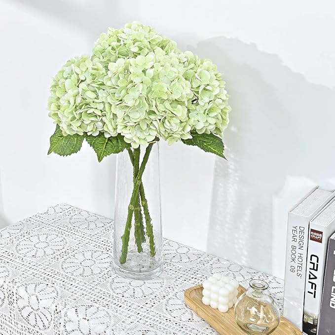 21" Real Touch Green Hydrangea Artificial Flowers with Long Stem & Leaves, Full Latex Faux Hydrangea Flowers for Home Decor Party Floral Arrangements Wedding Bouquets Centerpieces, 4Pcs