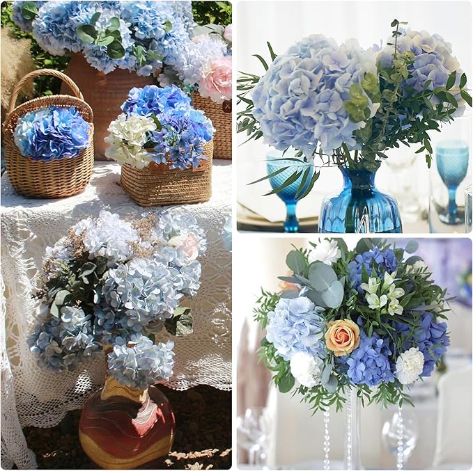 MARTINE MALL 2Pcs 21in Hydrangea Artificial Flowers, Latex Real Touch Hydrangeas Lifelike Large Hydrangea Flowers for Home Decor Party Arrangements Wedding Bouquets Centerpieces (Blue)