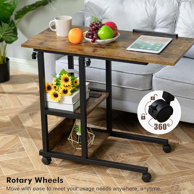 Hadulcet Adjustable C Table with Charging Station, Tiltable Desk C Shaped End Table for Couch, Over Bed Table with Wheels Adjustable Height, Hospital Table Laptop Stand Drawing Desk, Rustic Brown