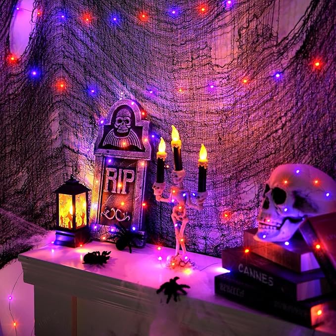 JMEXSUSS 2 Pack Orange and Purple Halloween Lights Battery Operated, Total 200 LED 66ft Halloween Fairy Lights with Remote, 8 Modes Twinkle String Lights for Fireplace Porch Tree Centerpiece Wreath