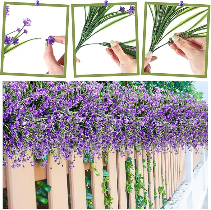 Hoteam 50 Bundles Outdoor Artificial Flowers Plants Uv Resistant Outside Faux Flowers Plastic Fake Plants Outdoor Summer Fall Seasons Decoration Shrubs Garden Porch Box, Purple