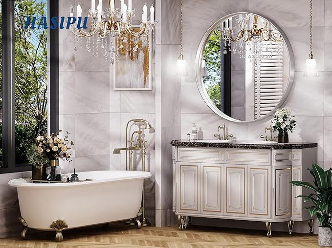 Hasipu Round Silver Mirror 38 Inch Large Round Bathroom Mirror Metal Frame, Wall Mounted Circle Vanity Mirror for Wall Modern Decor (Hangs Horizontal or Vertical)