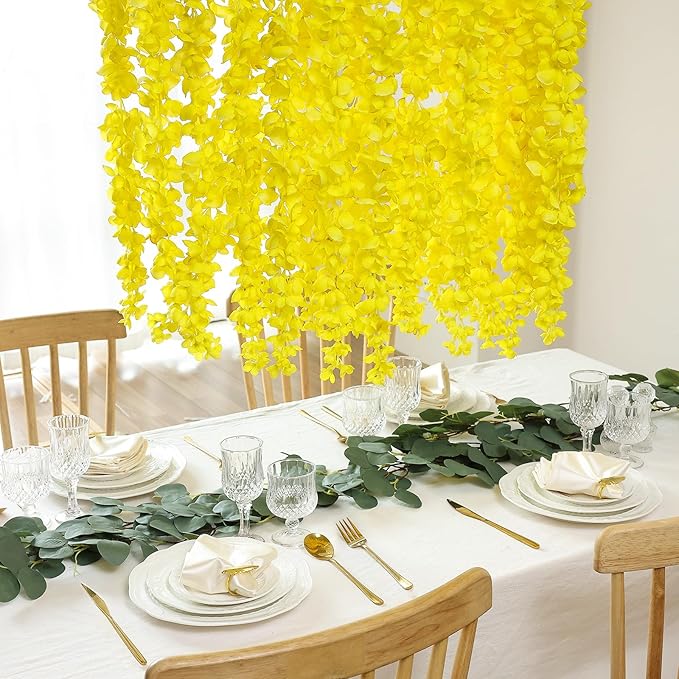 mizii 6Pcs Yellow Wisteria Hanging Flowers 48" Silk Wisteria Artificial Flowers Garland Vines Fake Hanging Flowers Decoration for Wedding Flower Wall Backdrop Centerpieces Party Room Decor (Yellow)