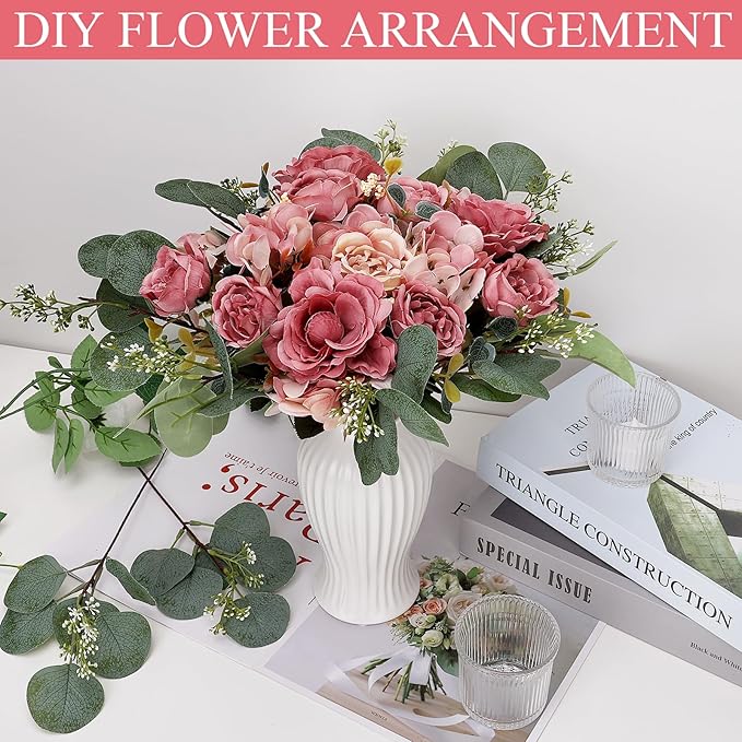 Peony Artificial Flowers, Faux Peonies Hydrangea Eucalyptus Bouquet 12 Packs Silk Vintage Realistic Peony Floral Arrangement for Wedding Centerpiece Table Vase Home Party Decor-Dusty Pink