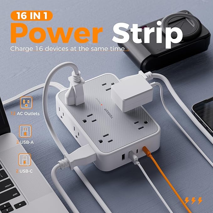 TESSAN Surge Protector Power Strip, 15FT Flat Extension Cord with Multiple Outlets, 12 Outlet Extender with 4 USB (2 USB-C), Flat Plug Power Strip, 1800J Surge Protection, Office, Dorm Essentials