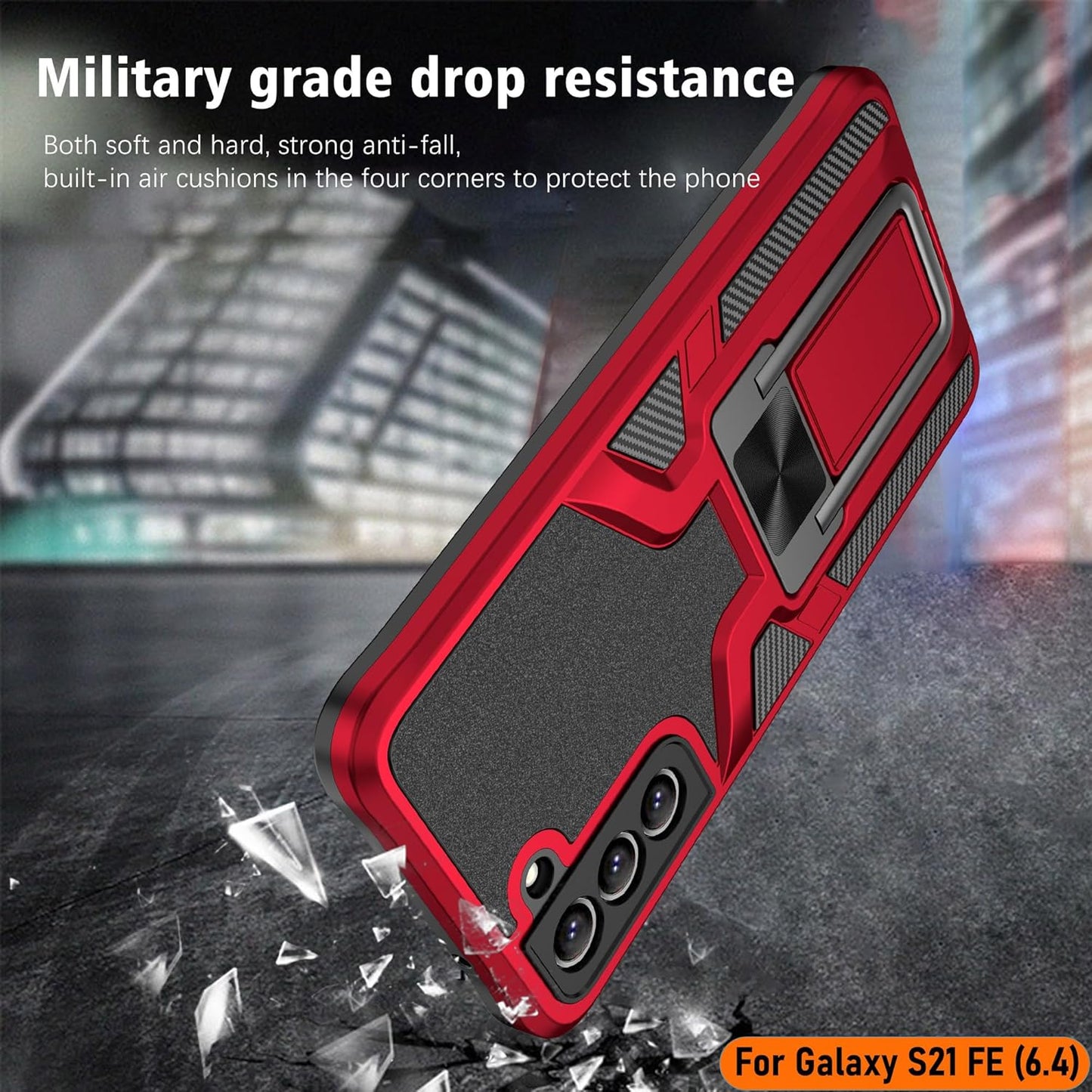 LMDAMZ Galaxy S21 FE 5G Case, Anti-fall Heavy Duty Military Grade Shockproof Kickstand, 6.4 Inch-Red