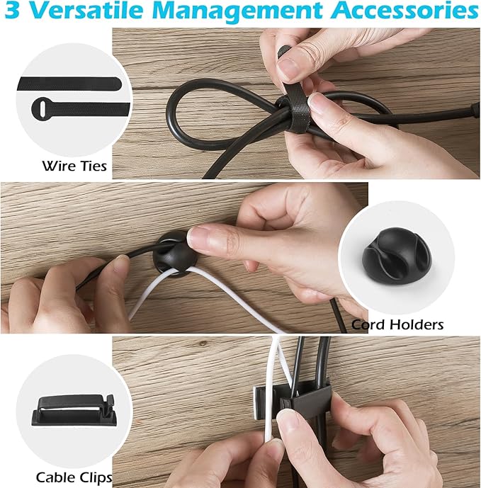 KHAMAL Cable Management Under Desk 52PCS - Cable Management Tray Kit Ventilated Hexagonal Design with Cable Clips, Wire Ties, Cord Holder & Screws for Office, Home - 4 Black Sets