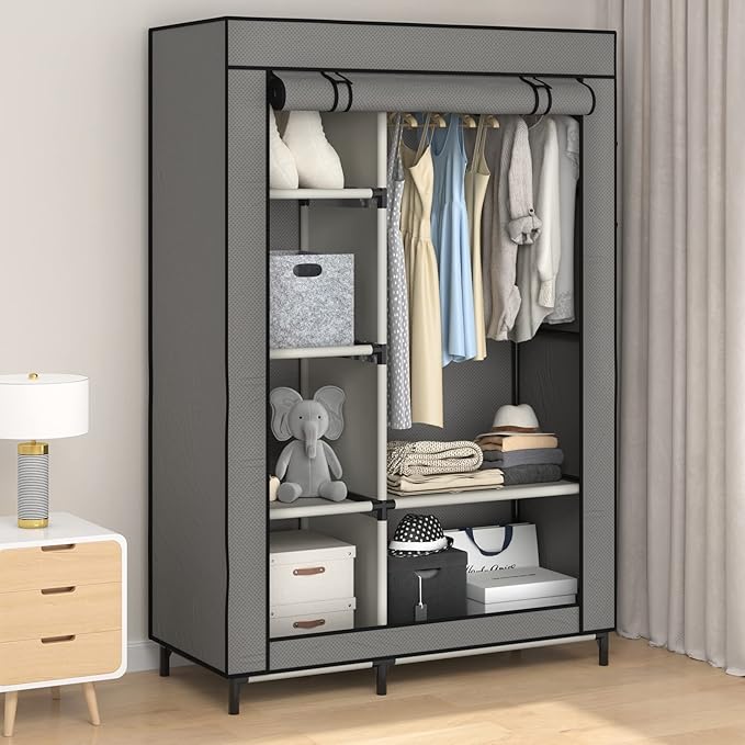 Buzowruil Portable Closet Wardrobe - 6-Shelf Storage with Hanging Rail, Non-Woven Fabric, Dust-Resistant, Easy Assembly, Space-Saving Design, Grey