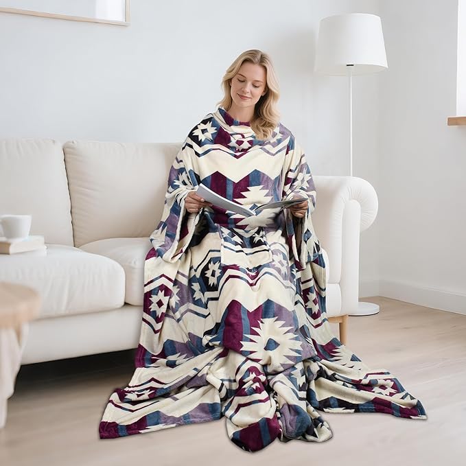 Catalonia Wearable Fleece Blanket with Sleeves and Foot Pockets for Adult Women Men, Micro Plush Comfy Wrap Sleeved Throw Blanket Robe Large, Southwest Star