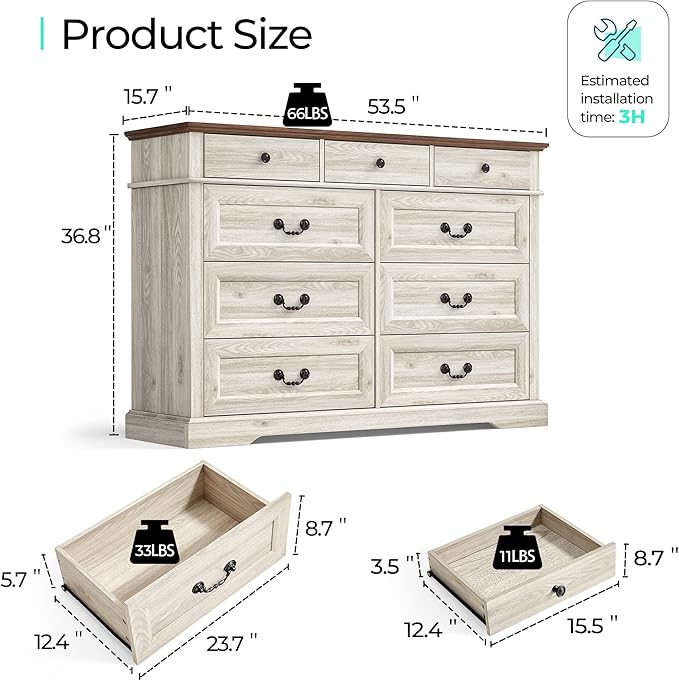 LINSY HOME 9 Drawers Dresser for Bedroom, Wood Bedroom Chest of Drawers, Farmhouse Tall Dresser for Closet, Dressers Organizer for Living Room, Hallway, Beige