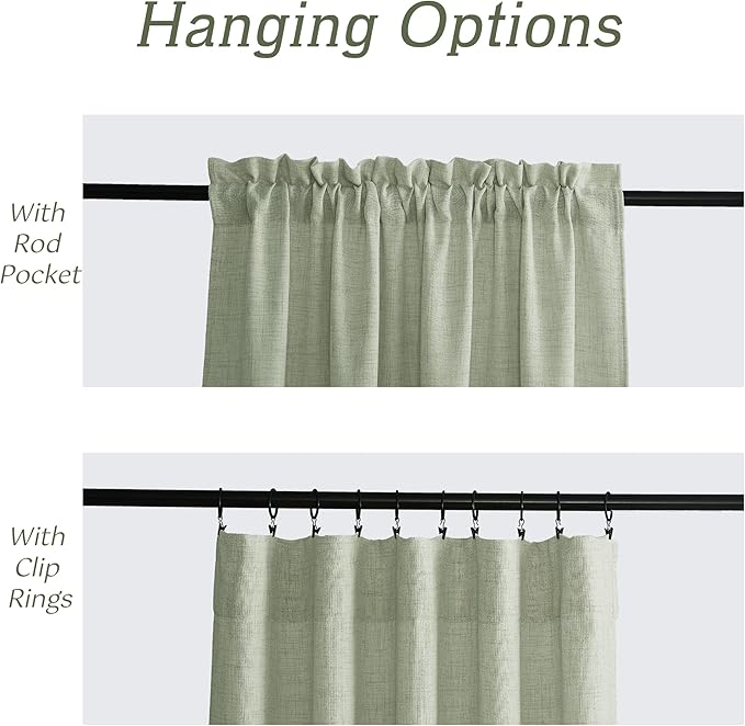 RYB HOME Linen Sheer Curtains and Drapes for Living Room and Dining Room 120 inches Length, Breathable Weave Textured/Rod Pocket Semi Sheer Curtains, Sage Green, W 52 x L 120 inches, 2 Panels Set