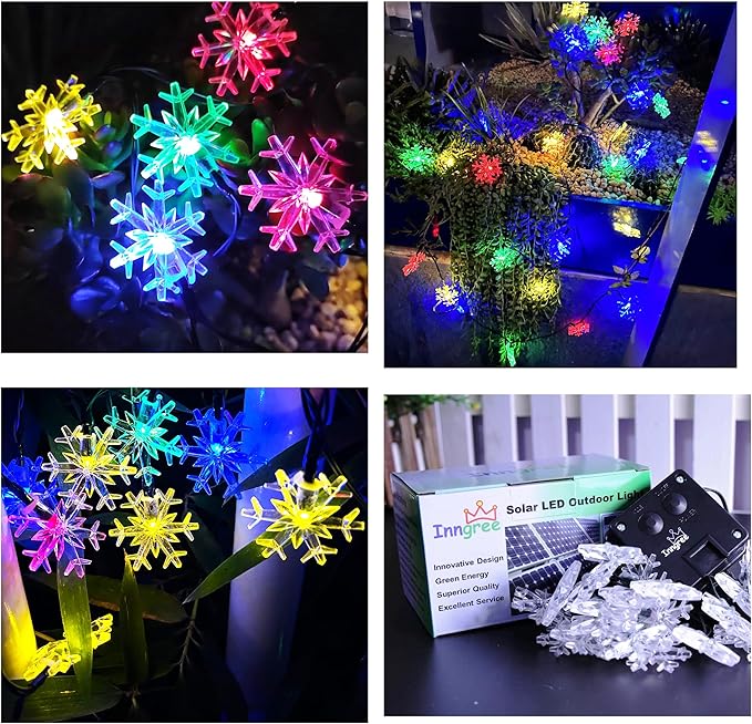 Solar Christmas String Lights Outdoor Waterproof 36ft 60 LED 8 Modes Solar Fairy Snowflake Powered String Lights for Garden Patio Yard Home Christmas Tree Parties(Snowflake-Multicolor-60LED)