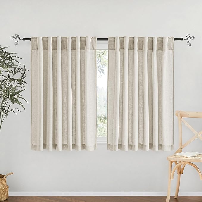 RYB HOME Sheer Curtains for Cafe - Linen Textured Wave Pattern Semi Sheer Curtains for Living Room Dining Kids Nursery Morden Window Frame Decor, Angora, 52 x 45 inches Length, 1 Pair
