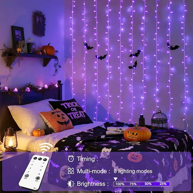 JMEXSUSS 300LED Purple Christmas Lights with Remote, Curtain Hanging Light Plug in, 8 Modes Purple String Lights for Bedroom Window Wall Party Backdrop Halloween Christmas Decorations