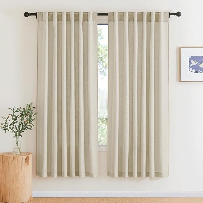 RYB HOME Linen Textured Semi Sheer Curtains Light Filtering Airy Solid Sheer Window Curtains for Bedroom Bathroom Dining Kids Nursery, Linen, W 52 x L 72 inch, 2 Panels