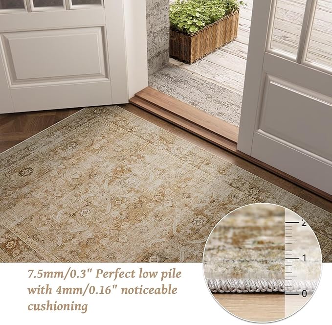 Washable 4x6 Rugs for Living Room, Boho Non-Slip Silicone Backing Small Rugs for Bedroom Nursery Office, 0.3" Neutral Oriental Throw Carpet with 0.16" Cushioning Pad, Brown/Multi