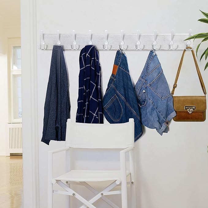 WEBI Coat Rack Wall Mount White,38 9/16" Long Coat Hooks Wall Mounted,Large Wall Coat Hanger,10 Tri Hooks for Hanging Coats,Clothes,Jacket,White