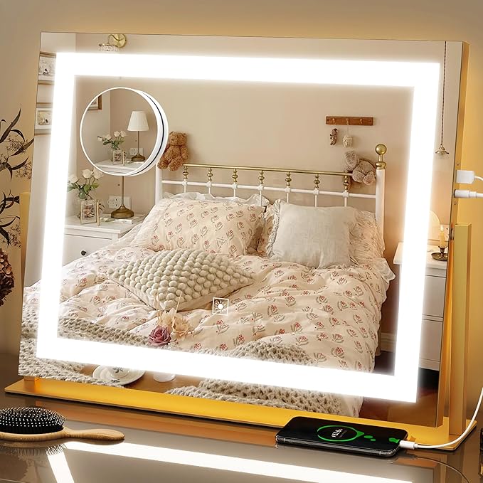 FENNIO Vanity Mirror with Lights 22''x18'' Makeup Mirror with Lights,Lighted Makeup Mirror with 10X Magnification and USB，Smart Touch Screen with 3-Color Lighting,Dimmable（Square Gold）