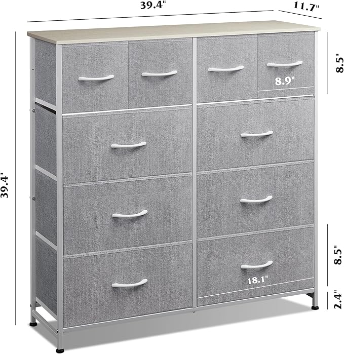 WLIVE Fabric Dresser for Bedroom, Dresser with 10 Drawers, Storage Tower with Fabric Bins, Double Dressers, Chest of Drawers for Closet, Living Room, Hallway, Light Grey