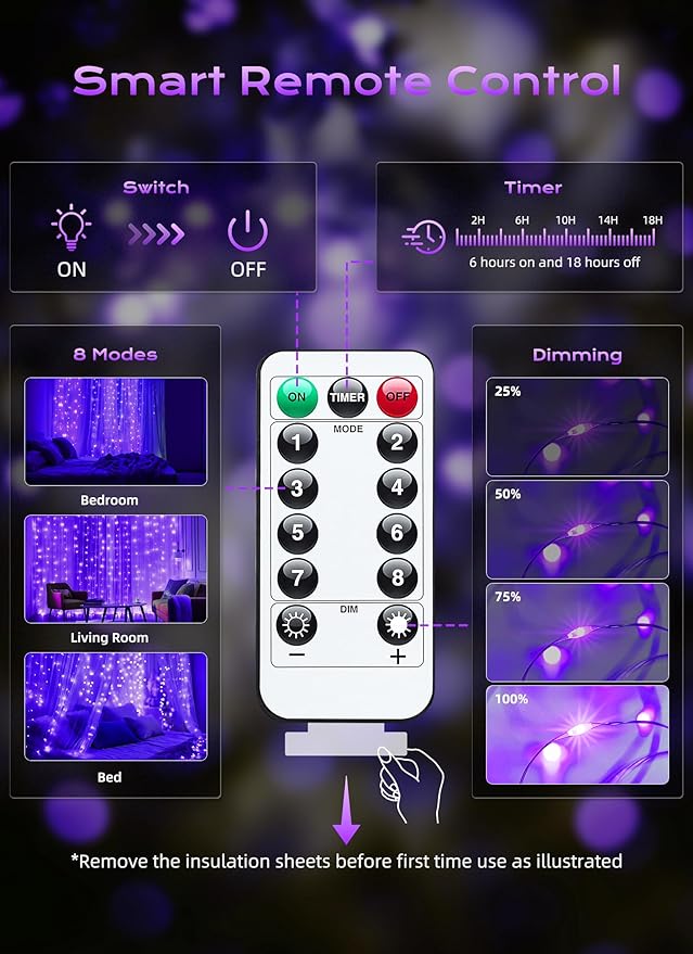 Brightown 300 LED Purple Halloween Fairy Curtain Lights, 9.8ft x 9.8ft Curtain String Lights, USB Plug in 8 Lighting Modes LED Christmas String Hanging Lights with Remote for Bedroom Indoor Weddings