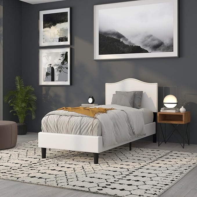 Flash Furniture Lexington Upholstered Twin Size Headboard with Accent Nail Trim in White Fabric