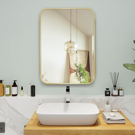18"x24" Matte Gold Mirror for Wall, Brushed Metal Framed Rounded Corner Rectangular Mirror for Bathroom Vanity,Entryway,Living Room,Bedroom,Vertical or Horizontal